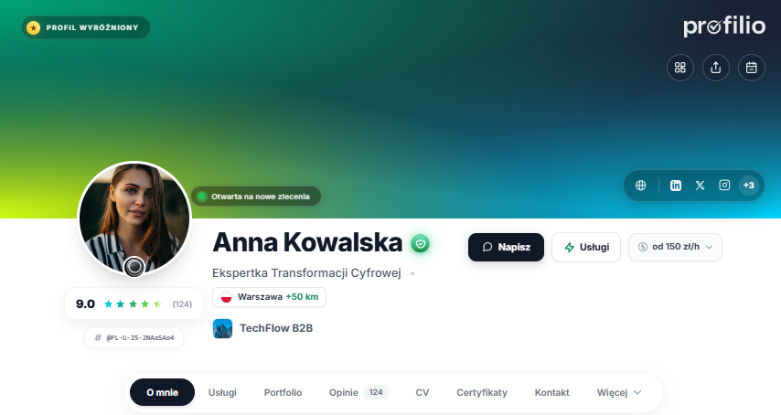 Przykładowy nagłówek wizytówki Anny Kowalskiej w Profilio
